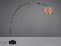 Große LED Bogenleuchte Metall Schwarz mit Stoff Lampenschirm Taupe, Höhe 210cm