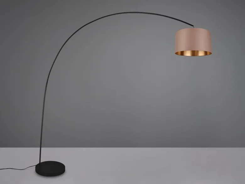 Große LED Bogenleuchte Metall Schwarz mit Stoff Lampenschirm Taupe, Höhe 210cm