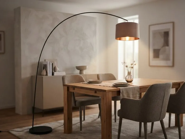 Große LED Bogenleuchte Metall Schwarz mit Stoff Lampenschirm Taupe, Höhe 210cm
