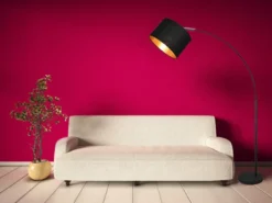 Große LED Bogenleuchte mit Stoffschirm Schwarz innen Gold - Höhe 171cm