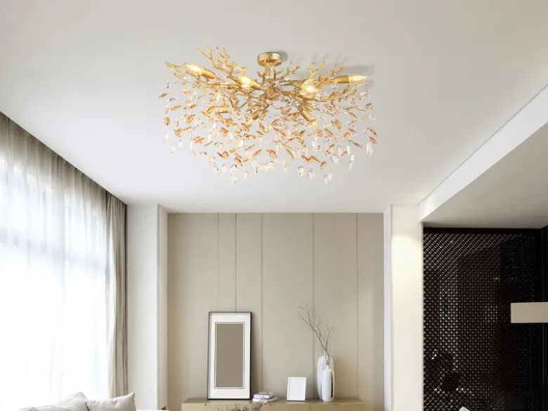 Große LED Deckenleuchte Gold 7-flammig Glas Kristall 2-farbig, Breite 85cm