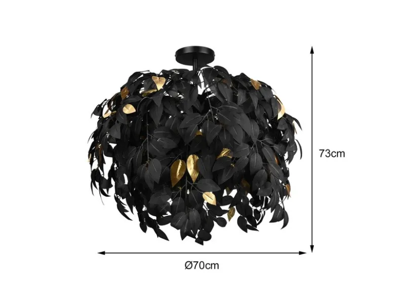 Große LED Deckenleuchte mit Blätter Lampenschirm Schwarz-Gold, Ø 70cm