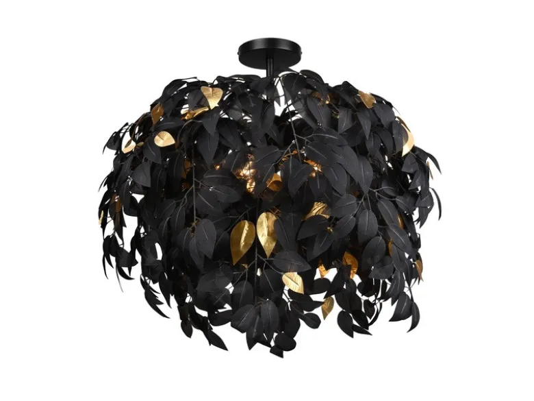 Große LED Deckenleuchte mit Blätter Lampenschirm Schwarz-Gold, Ø 70cm