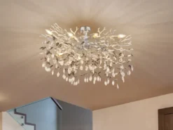 Große LED Deckenleuchte Silber 7-flammig Glas Kristall 2-farbig, Breite 85cm