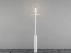 Große LED Mastleuchte Aluminium Weiß mit Glaskugel, Höhe 240cm