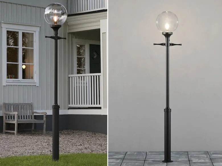 Große LED Mastleuchte Aluminium Schwarz mit Glaskugel, Höhe 240cm