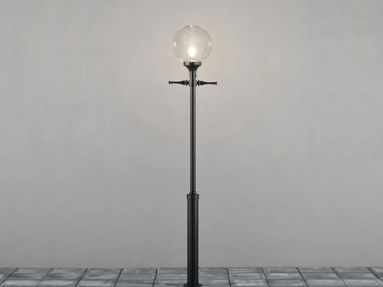 Große LED Mastleuchte Aluminium Schwarz mit Glaskugel, Höhe 240cm