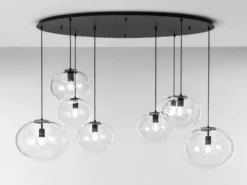 Große LED Pendelleuchte achtflammig Kugel Glasschirme transparent Breite 166cm