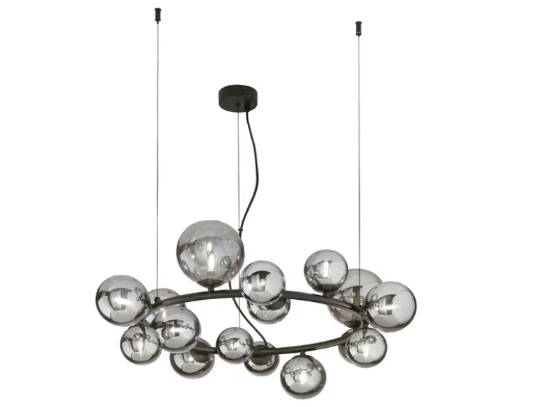 Große LED Pendelleuchte 16-flammig Schwarz-Glaskugeln Rauchglas, Ø 82cm