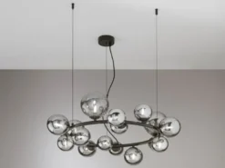 Große LED Pendelleuchte 16-flammig Schwarz-Glaskugeln Rauchglas, Ø 82cm