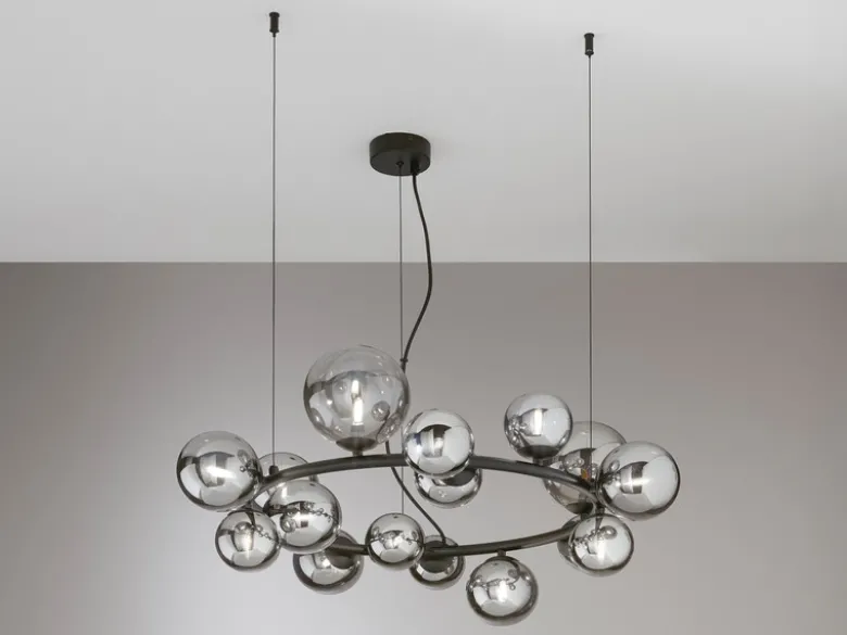 Große LED Pendelleuchte 16-flammig Schwarz-Glaskugeln Rauchglas, Ø 82cm