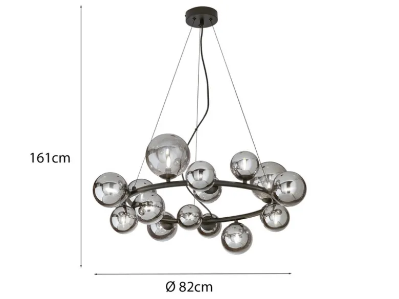 Große LED Pendelleuchte 16-flammig Schwarz-Glaskugeln Rauchglas, Ø 82cm