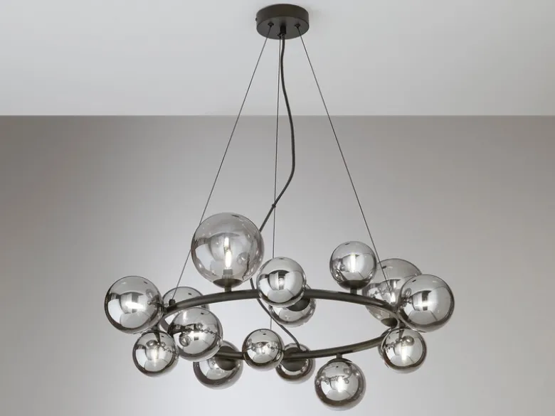 Große LED Pendelleuchte 16-flammig Schwarz-Glaskugeln Rauchglas, Ø 82cm