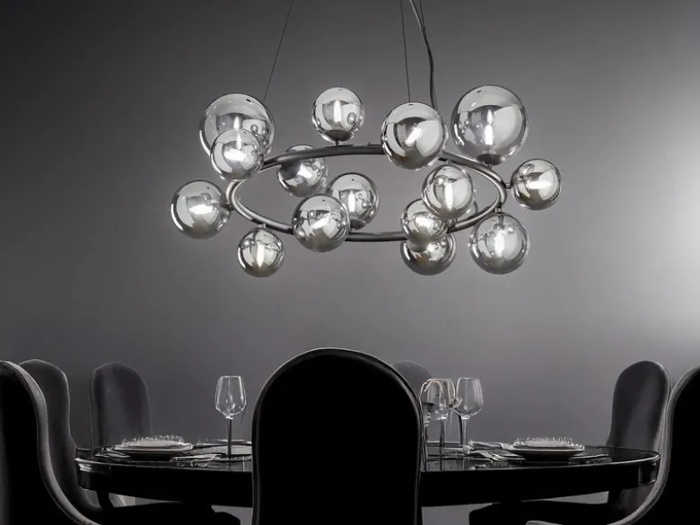 Große LED Pendelleuchte 16-flammig Schwarz-Glaskugeln Rauchglas, Ø 82cm