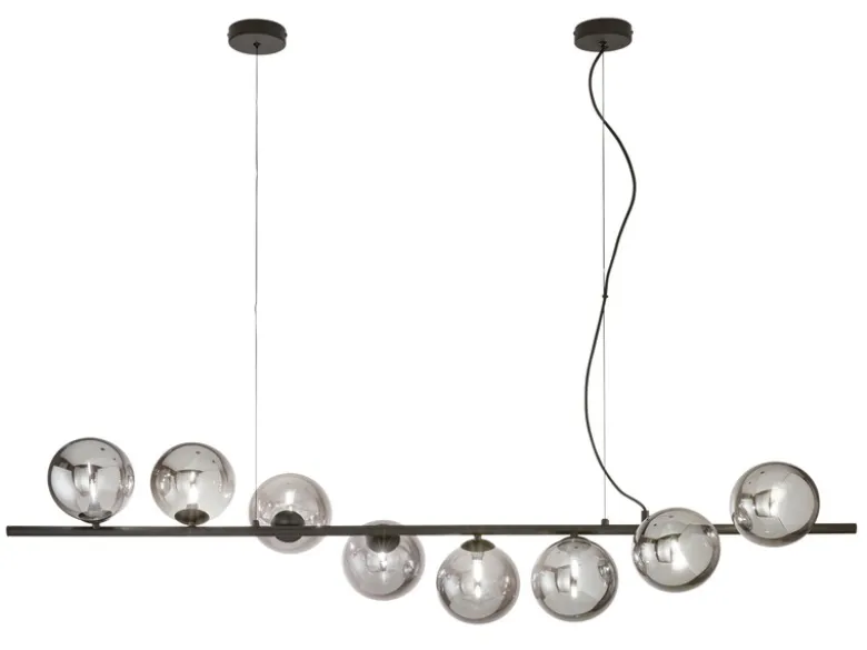 Große LED Pendelleuchte 8-flammig Schwarz-Glaskugeln Rauchglas, Breite 145cm