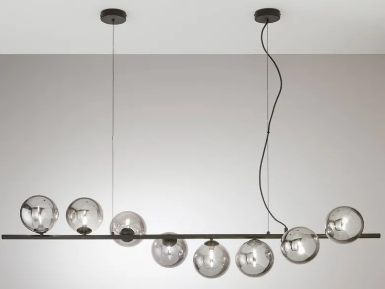 Große LED Pendelleuchte 8-flammig Schwarz-Glaskugeln Rauchglas, Breite 145cm
