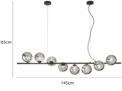 Große LED Pendelleuchte 8-flammig Schwarz-Glaskugeln Rauchglas, Breite 145cm