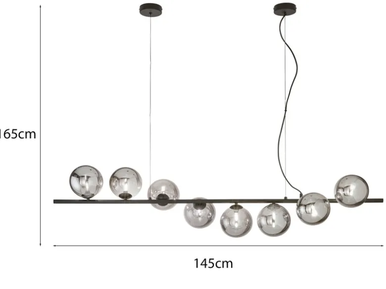 Große LED Pendelleuchte 8-flammig Schwarz-Glaskugeln Rauchglas, Breite 145cm