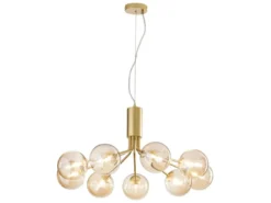 Große LED Pendelleuchte 9-flammig Gold-Glakugeln Bernsteinfarbig, Ø 83cm