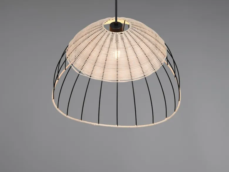 Große LED Pendelleuchte mit Lampenschirm aus Rattan & Draht, Ø 48cm