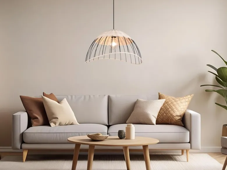 Große LED Pendelleuchte mit Lampenschirm aus Rattan & Draht, Ø 48cm