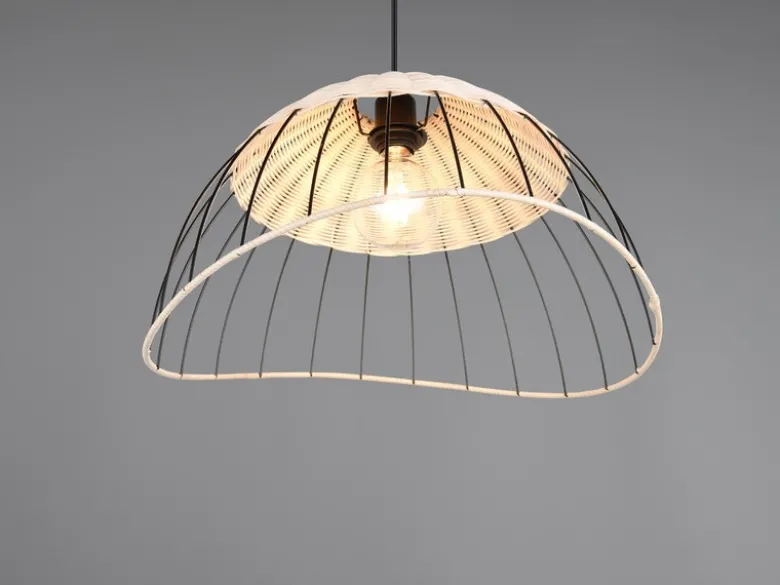 Große LED Pendelleuchte mit Lampenschirm aus Rattan & Draht, Ø 48cm