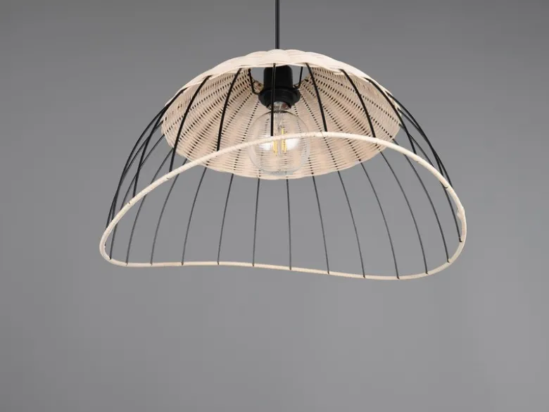 Große LED Pendelleuchte mit Lampenschirm aus Rattan & Draht, Ø 48cm