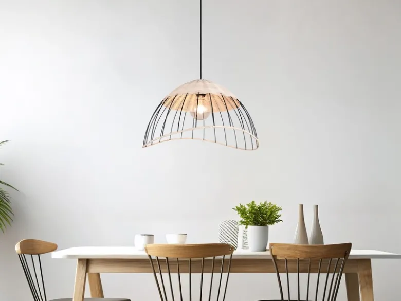 Große LED Pendelleuchte mit Lampenschirm aus Rattan & Draht, Ø 48cm