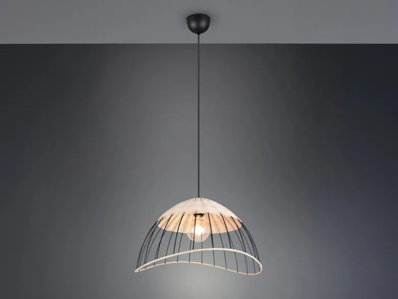 Große LED Pendelleuchte mit Lampenschirm aus Rattan & Draht, Ø 48cm
