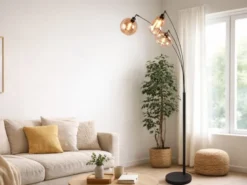 Große LED Stehleuchte mit 3 Glas Lampenschirmen amberfarbig, H: 200cm