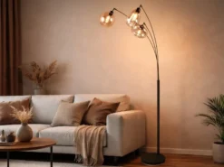 Große LED Stehleuchte mit 3 Glas Lampenschirmen amberfarbig, H: 200cm