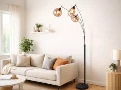 Große LED Stehleuchte mit 3 Glas Lampenschirmen amberfarbig, H: 200cm