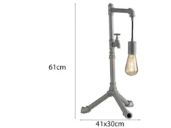 Große LED Tischleuchte in Wasserrohr Optik, Grau antik, Höhe 61cm