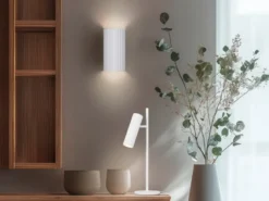 Große LED Tischleuchte Metall Weiß mit schwenkbarem Spot, Höhe 50cm