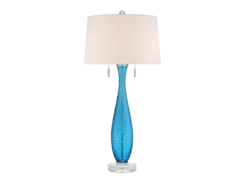 Große LED Tischleuchte mit blauem Glasfuß und Stoffschirm in Weiß, Höhe 85cm