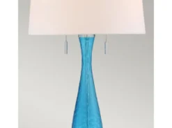 Große LED Tischleuchte mit blauem Glasfuß und Stoffschirm in Weiß, Höhe 85cm
