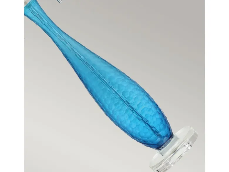 Große LED Tischleuchte mit blauem Glasfuß und Stoffschirm in Weiß, Höhe 85cm