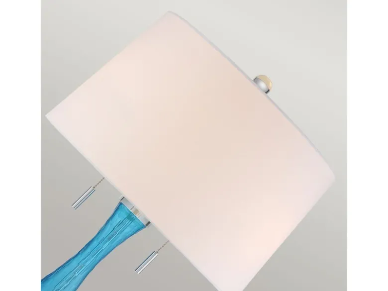 Große LED Tischleuchte mit blauem Glasfuß und Stoffschirm in Weiß, Höhe 85cm