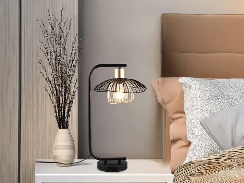 Große LED Tischleuchte mit Gitter Lampenschirm Schwarz Gold, Höhe 44cm