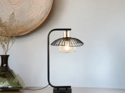 Große LED Tischleuchte mit Gitter Lampenschirm Schwarz Gold, Höhe 44cm