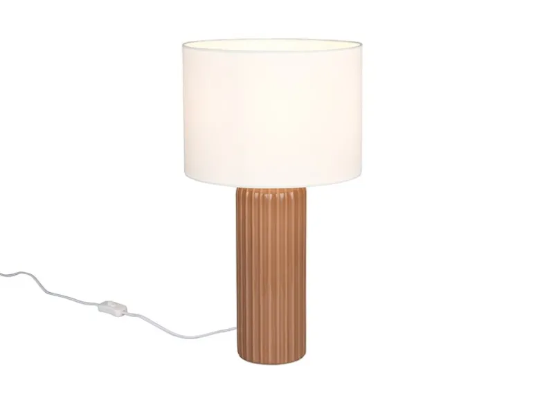 Große LED Tischleuchte mit Keramikfuß Mocca & Stoffschirm Beige, Höhe 51cm