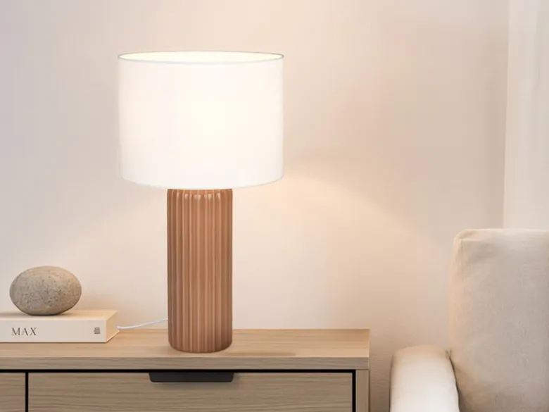 Große LED Tischleuchte mit Keramikfuß Mocca & Stoffschirm Beige, Höhe 51cm
