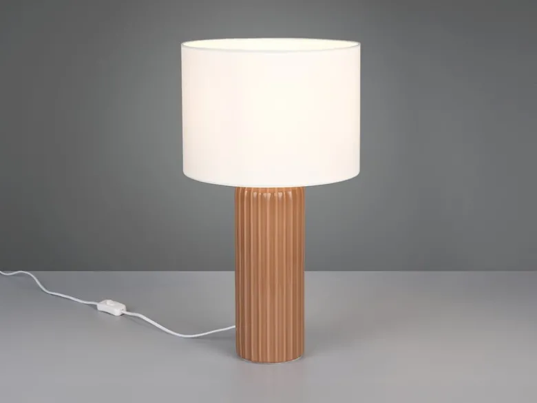 Große LED Tischleuchte mit Keramikfuß Mocca & Stoffschirm Beige, Höhe 51cm