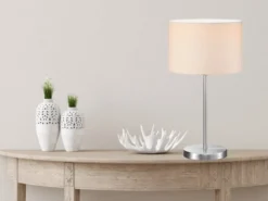 Große LED Tischleuchte Silber mit Stoffschirm weiß, Höhe 55cm