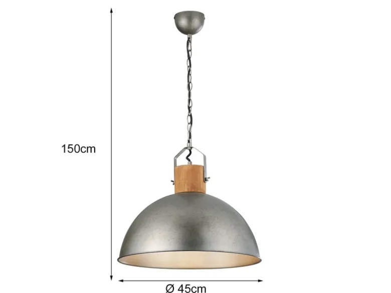 Große Pendelleuchte DELHI mit Metall Lampenschirm und Holzelement, Ø 45cm