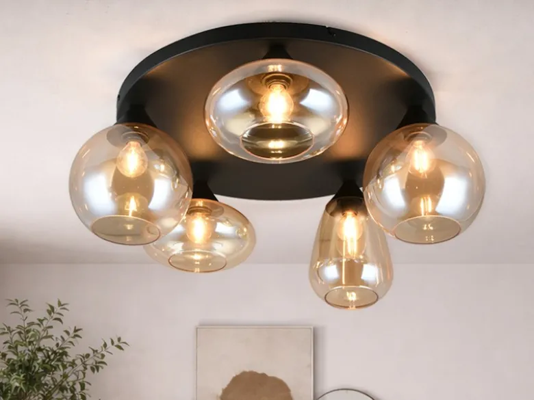Große Retro LED Deckenleuchte mit 5 Glasschirmen Amberfarbig Ø 63,5cm