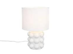 Große Retro Tischlampe KATE mit Keramikfuß & Stoffschirm Weiß, Höhe 47cm