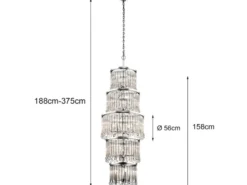 Großer Kronleuchter PIPER mit filigranem Kristall Glas, Chrom, bis 3,75m lang