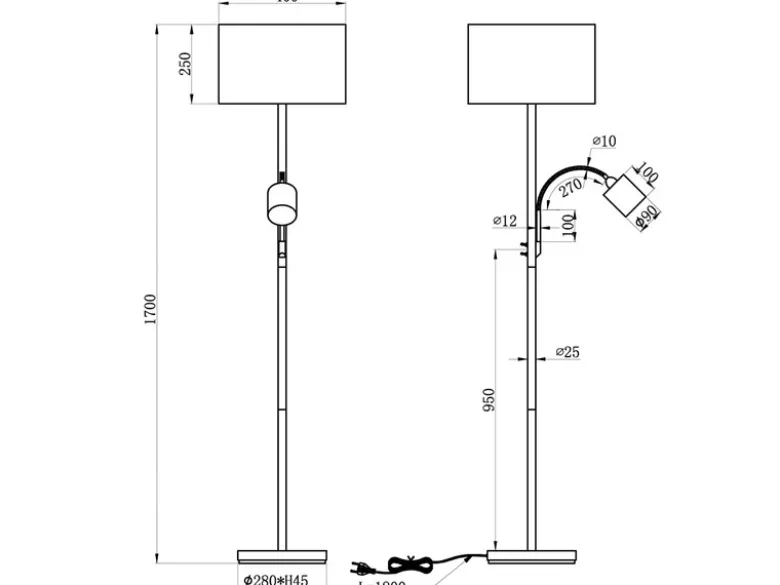Große Stehlampe mit Leselampe, LED dimmbar, Stoffschirm Grau, Höhe 170cm