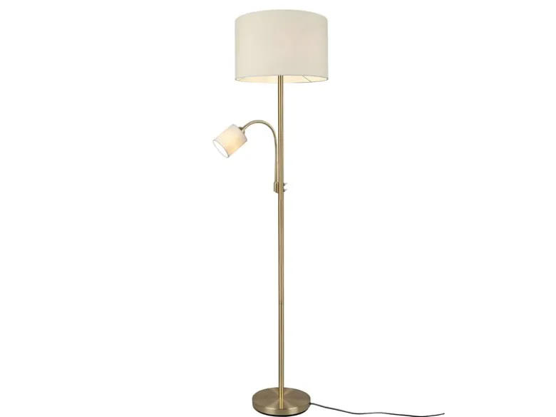 Große Stehlampe mit Leselampe, LED dimmbar, Messing Stoff Cremeweiß, Höhe 170cm
